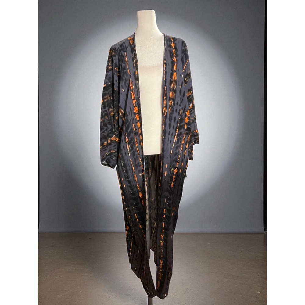 OSFM Dark gray/ blue and black Orange Tie-Dye Open front long Kimono